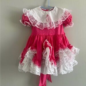 Pink and White Lace Trimmed Girls Pageant Dress